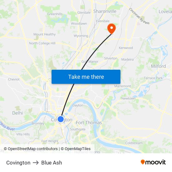 Covington to Blue Ash map