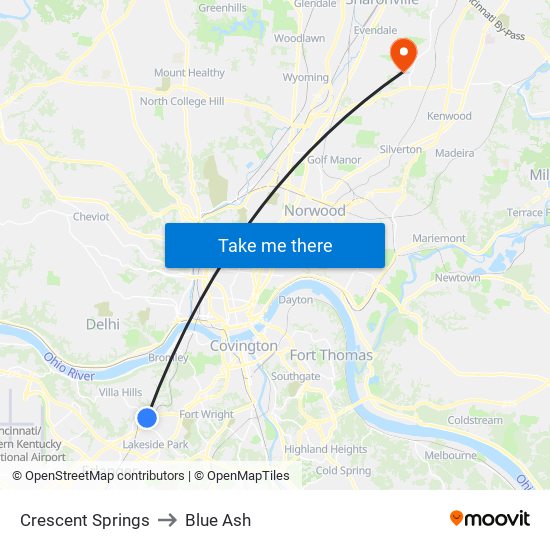Crescent Springs to Blue Ash map