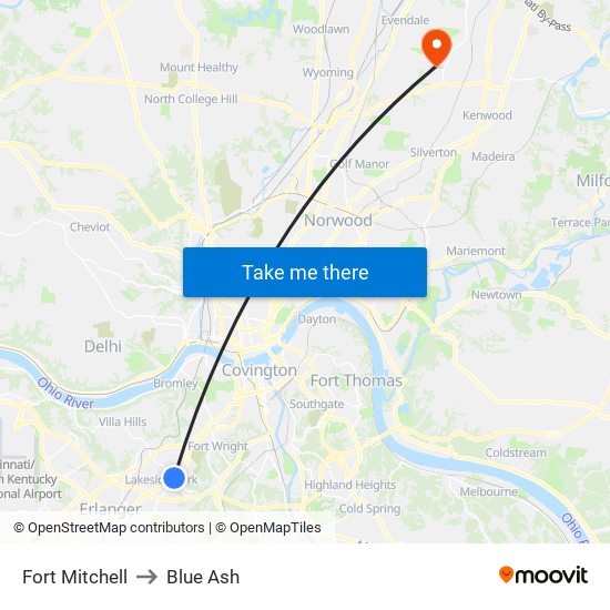 Fort Mitchell to Blue Ash map