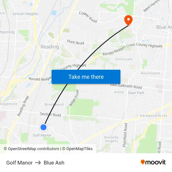 Golf Manor to Blue Ash map