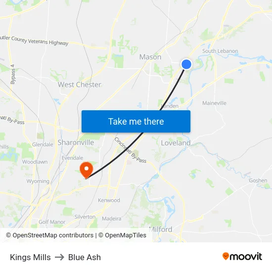 Kings Mills to Blue Ash map