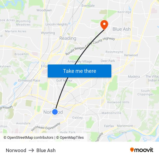 Norwood to Blue Ash map