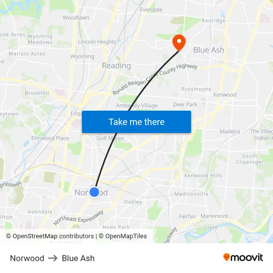 Norwood to Blue Ash map