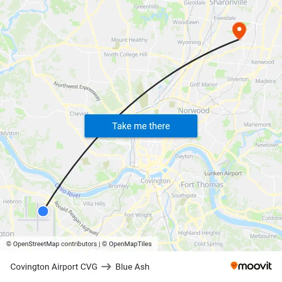 Covington Airport CVG to Blue Ash map