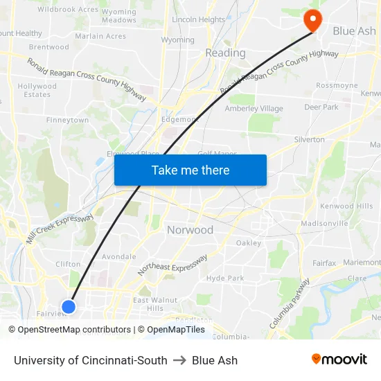 University of Cincinnati-South to Blue Ash map