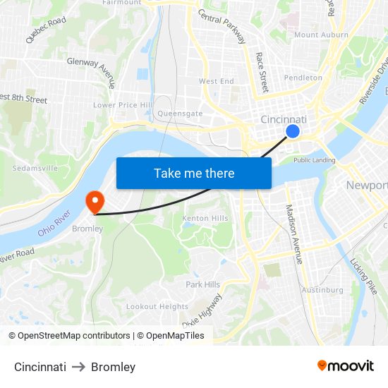 Cincinnati to Bromley map