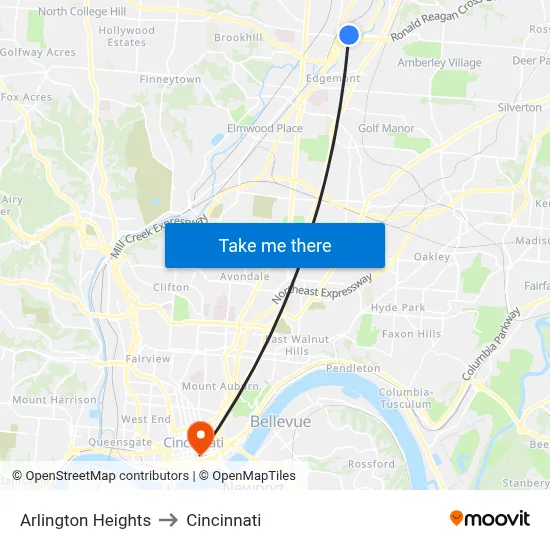 Arlington Heights to Cincinnati map