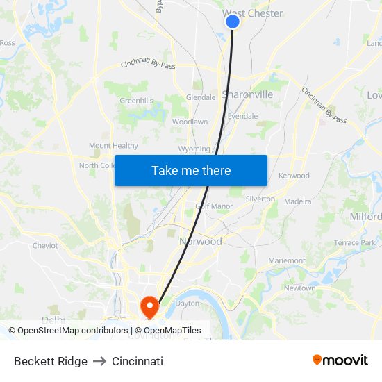 Beckett Ridge to Cincinnati map