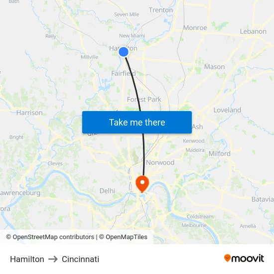 Hamilton to Cincinnati map