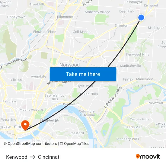 Kenwood to Cincinnati map
