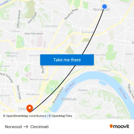 Norwood to Cincinnati map