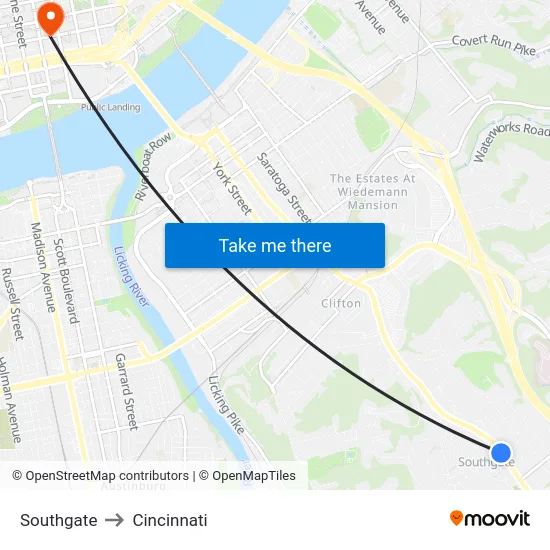 Southgate to Cincinnati map