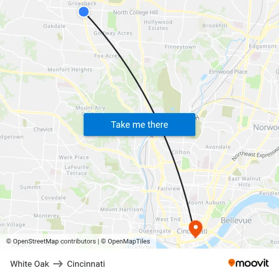 White Oak to Cincinnati map