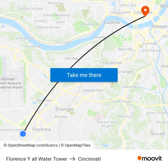 Florence Y all Water Tower to Cincinnati map