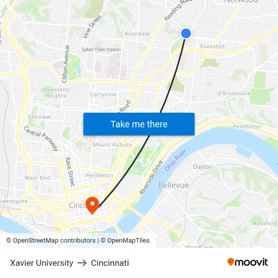 Xavier University to Cincinnati map