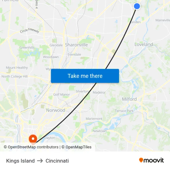 Kings Island to Cincinnati map