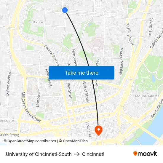 University of Cincinnati-South to Cincinnati map