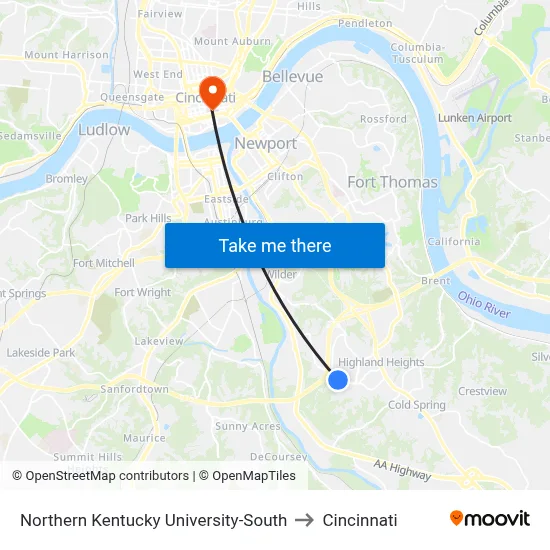Northern Kentucky University-South to Cincinnati map
