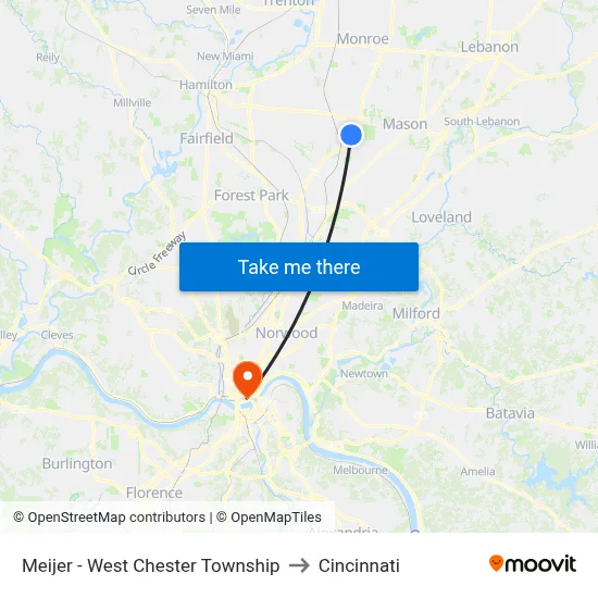 Meijer - West Chester Township to Cincinnati map