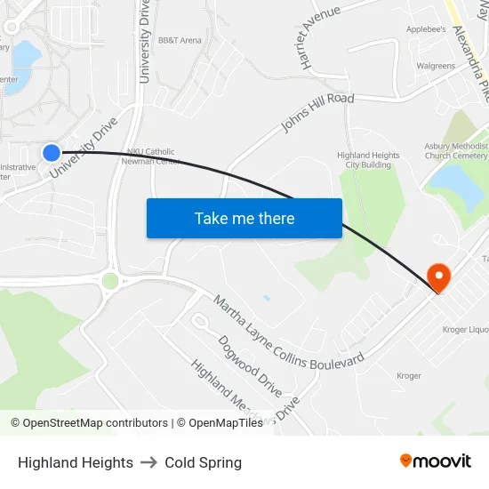Highland Heights to Cold Spring map