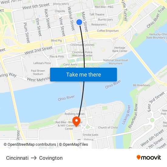 Cincinnati to Covington map