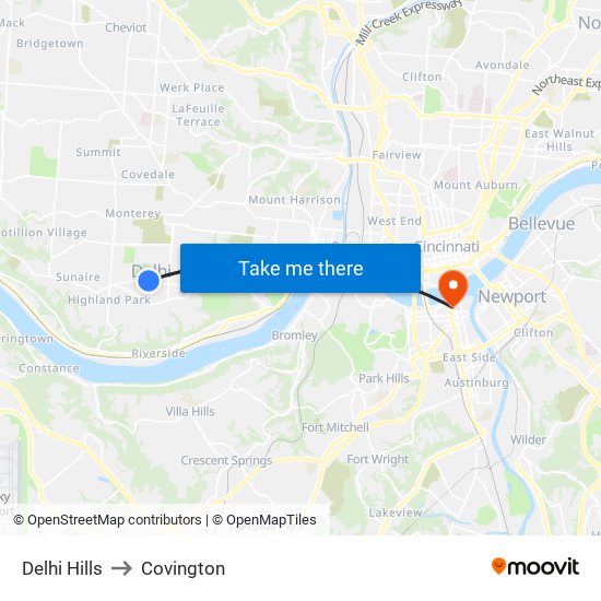 Delhi Hills to Covington map