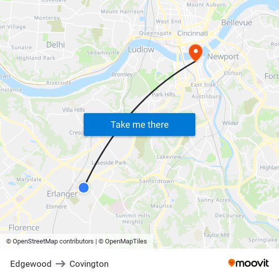 Edgewood to Covington map