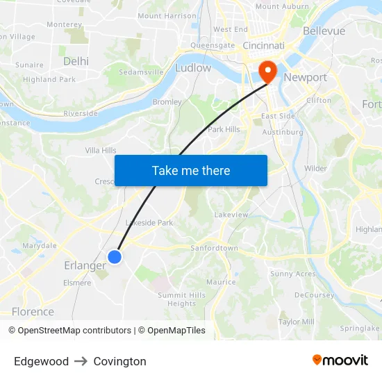 Edgewood to Covington map