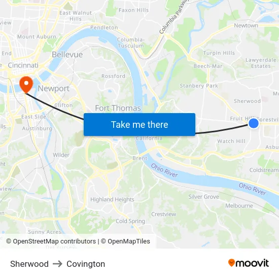 Sherwood to Covington map