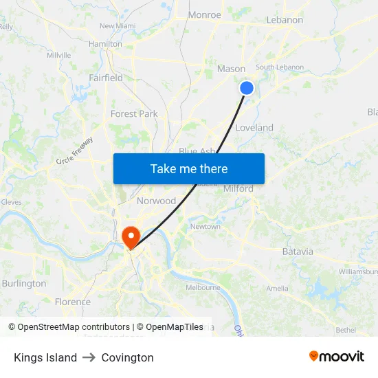 Kings Island to Covington map