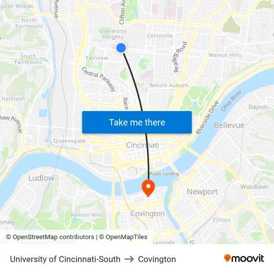 University of Cincinnati-South to Covington map