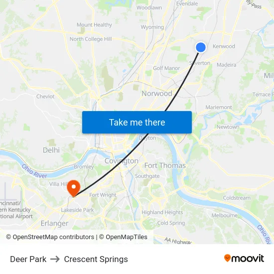 Deer Park to Crescent Springs map