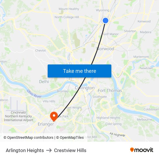 Arlington Heights to Crestview Hills map