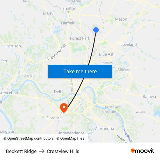 Beckett Ridge to Crestview Hills map