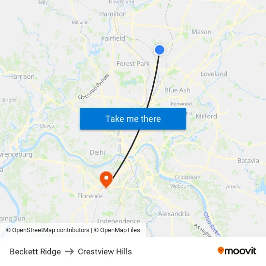 Beckett Ridge to Crestview Hills map