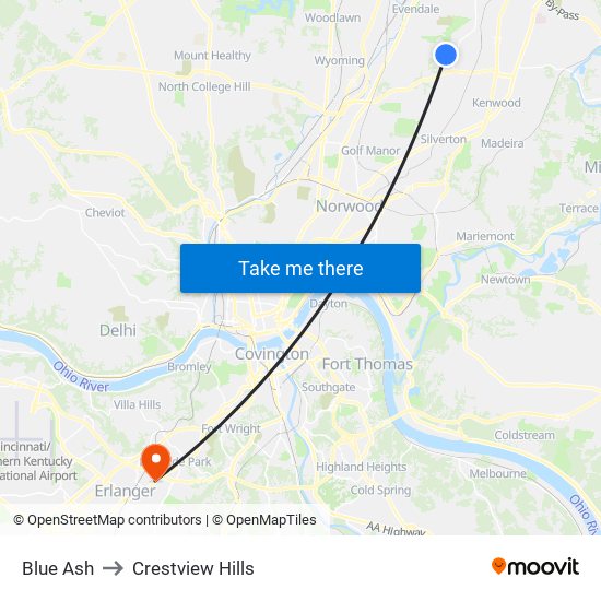 Blue Ash to Crestview Hills map