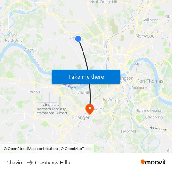 Cheviot to Crestview Hills map