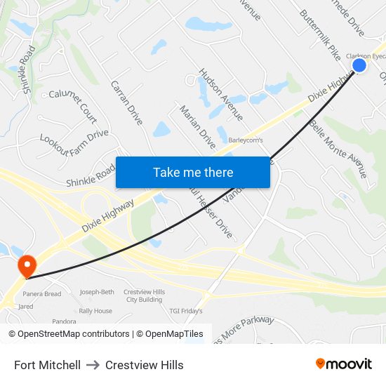 Fort Mitchell to Crestview Hills map