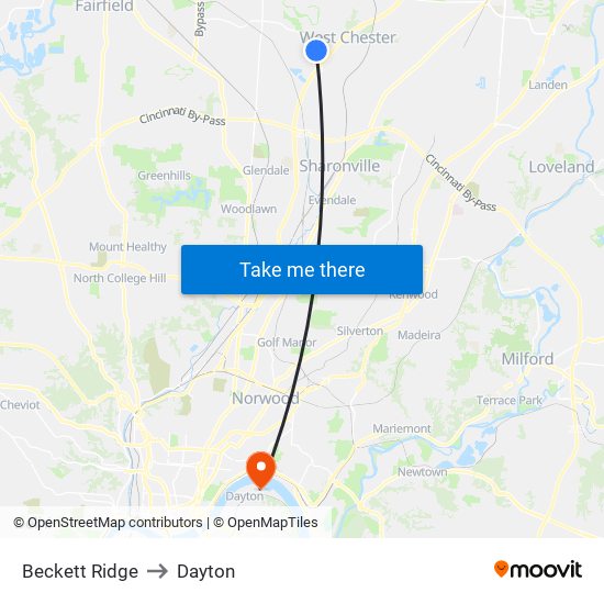 Beckett Ridge to Dayton map