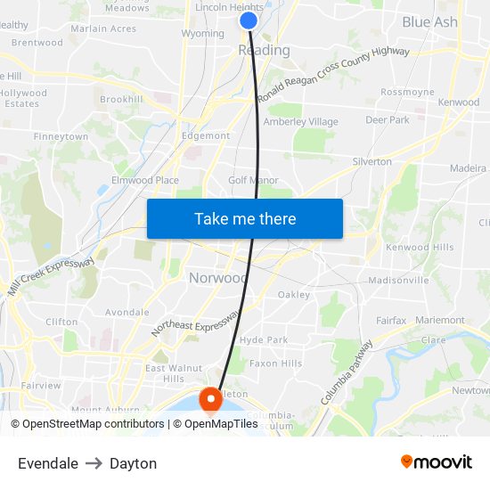 Evendale to Dayton map