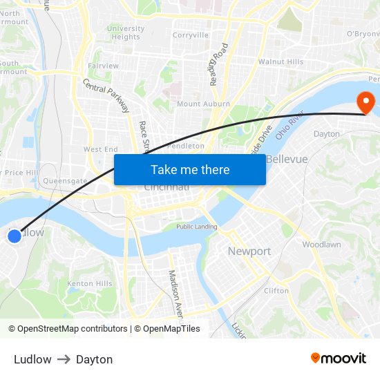 Ludlow to Dayton map