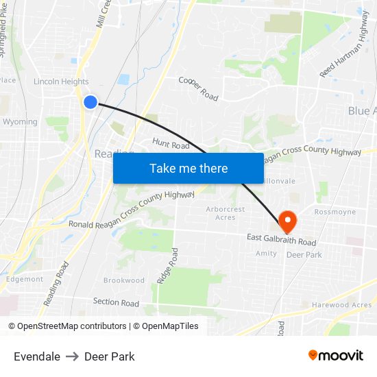 Evendale to Deer Park map