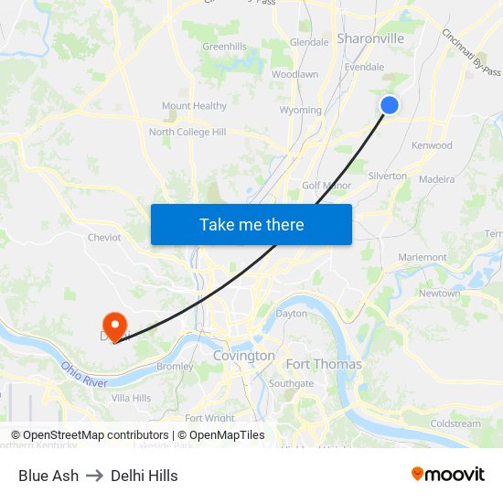 Blue Ash to Delhi Hills map