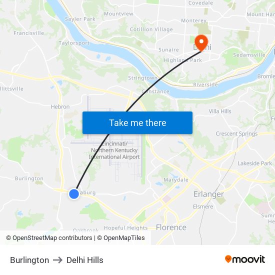 Burlington to Delhi Hills map