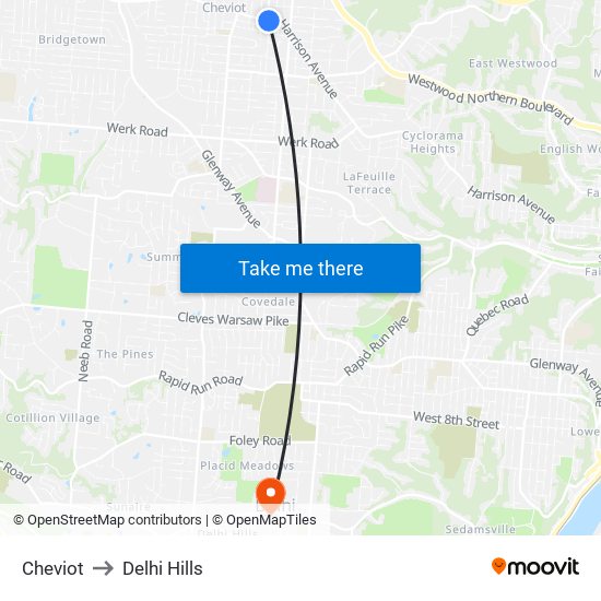 Cheviot to Delhi Hills map