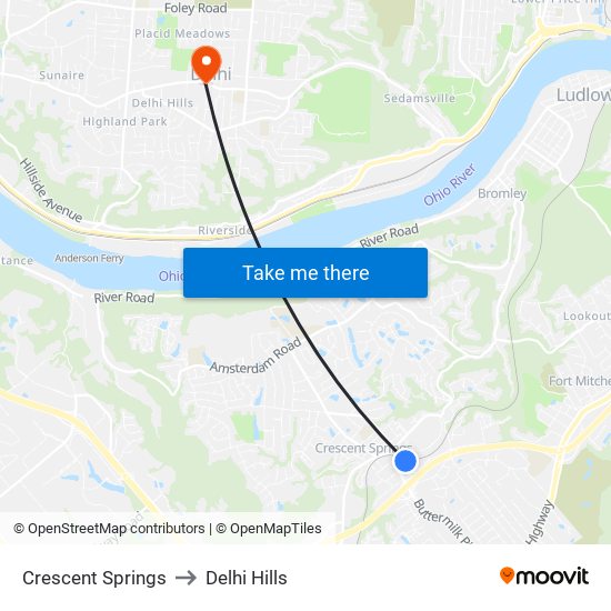 Crescent Springs to Delhi Hills map