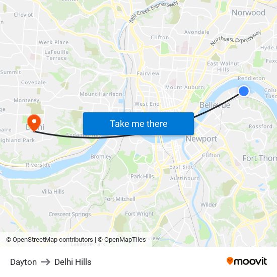 Dayton to Delhi Hills map