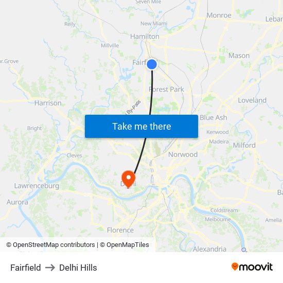 Fairfield to Delhi Hills map