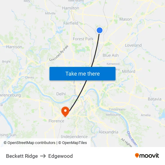 Beckett Ridge to Edgewood map