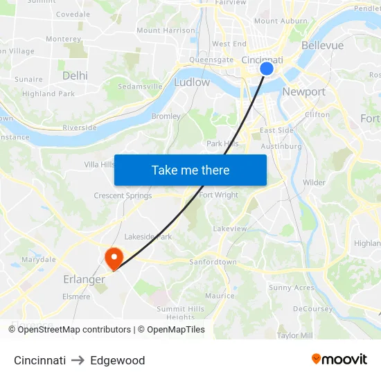 Cincinnati to Edgewood map